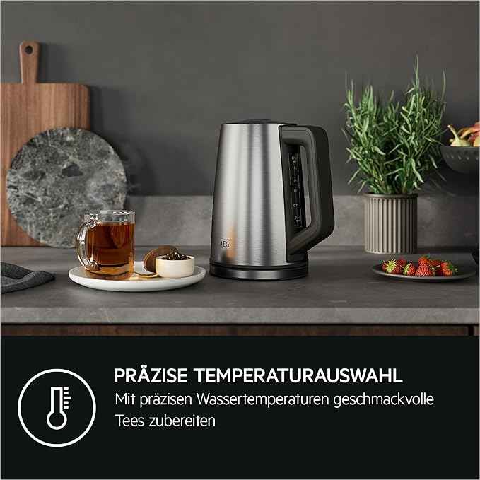 AEG kettle K5-1-6pcs Deli 5/2400 watts/5 adjustable temperature levels/1.7L/3 times automatic safety shutdown/anti-drip function, one-handed lid opening/stainless steel