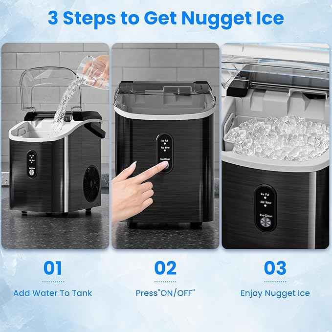 Antarctic Star Nugget Ice Makers Countertop with Self-Cleaning, 35lbs/24H, Portable Sonic Ice Maker Machine with Handle/Basket/Scoop for Home, Kitchen, Office, Camping(Stainless Steel Black)
