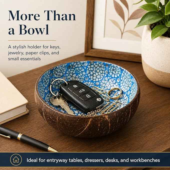 ChezMax Natural Coconut Bowl with Mother of Pearl Inlaid Shell - Handcrafted Home Decoration, Entryway Table Key Bowl or Candy Container, Fruit and Nuts Holder (Blue)