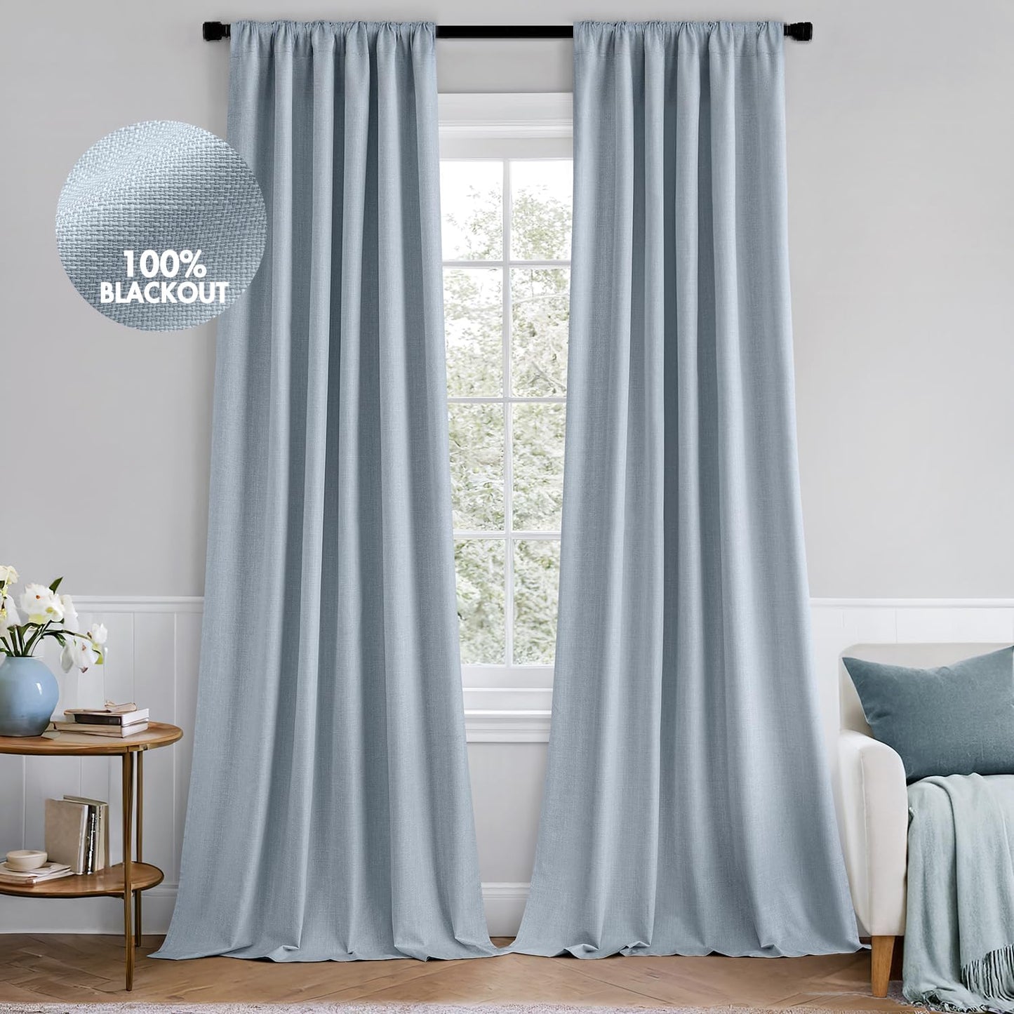 MIULEE 100% Blackout Curtains 120 Inch Long 2 Panels Set for Bedroom, Thick Faux Linen Black Out Curtain Room Darkening Back Tab Pleat Window Textured Drapes with Hooks for Living Room, Chambray Blue