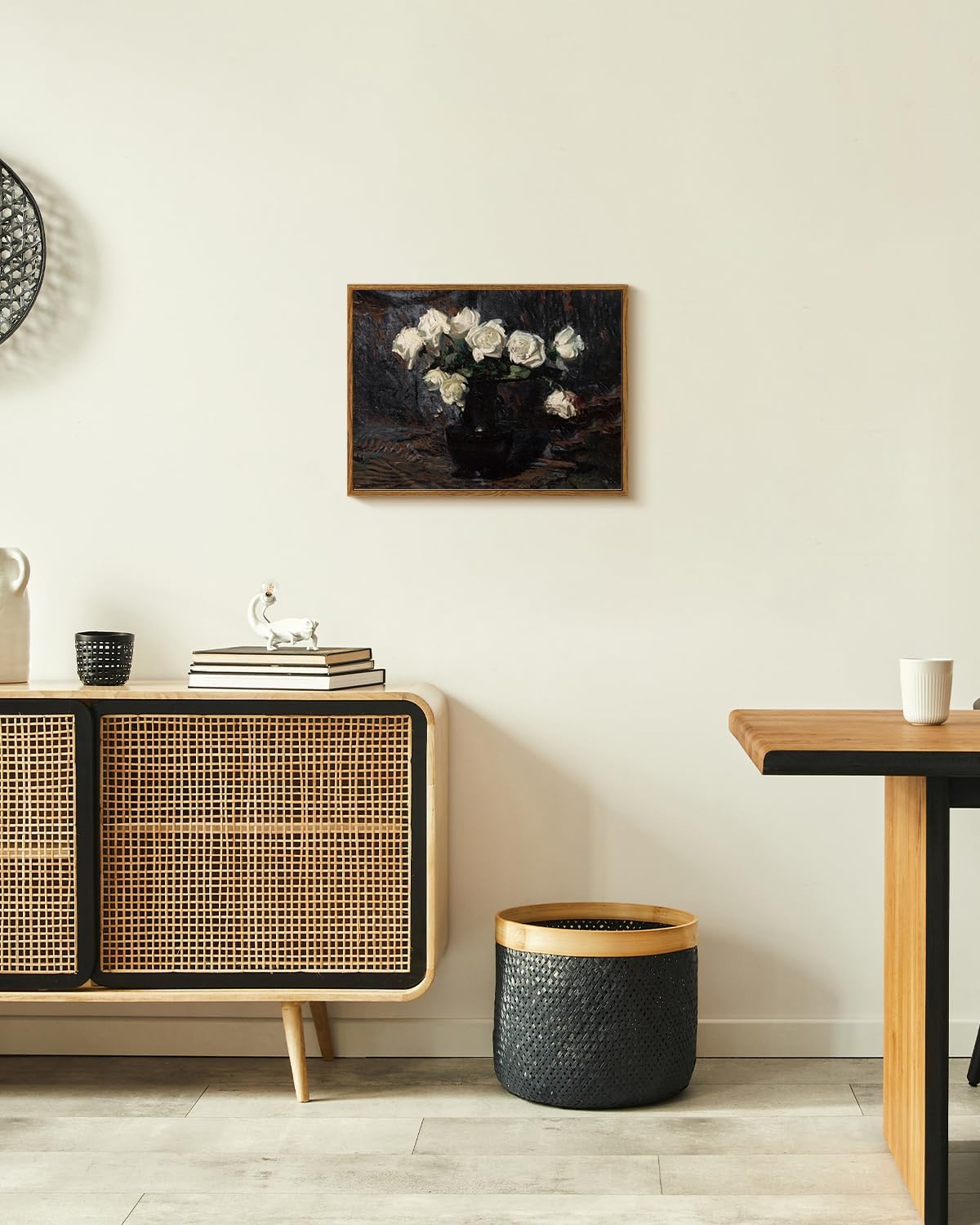 VIYYIEA Framed Canvas Wall Art Home Decor Vintage Botanical Prints White Roses in Vase Rustic Farmhouse Flower Wall Decor Mid Century Pictures Art Prints Floral Room Decor for Living Room 12x16in