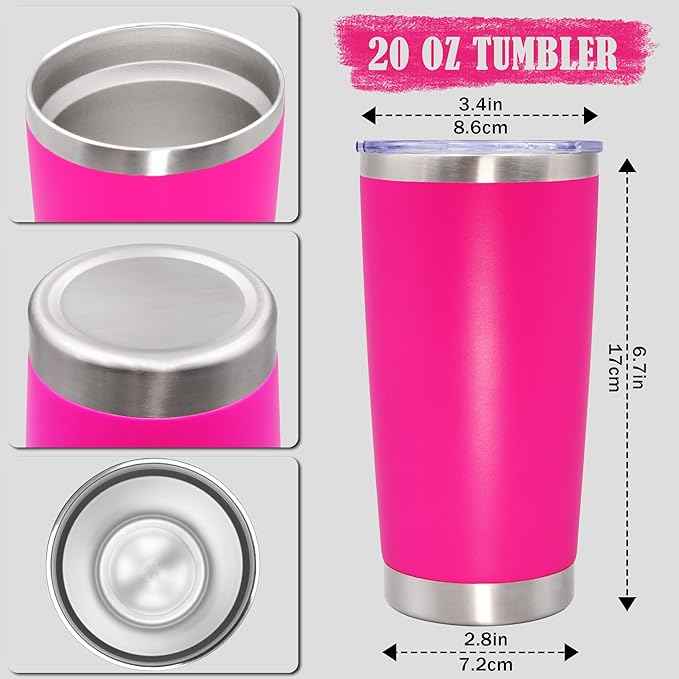20 oz Tumbler Coffee Travel Tumblers Bulk with Lid Stainless Steel Double Wall Vacuum Insulated Mug Powder Coated Cups fit Car Cupholder for Hot and Cold - Hot Pink, 12Pack