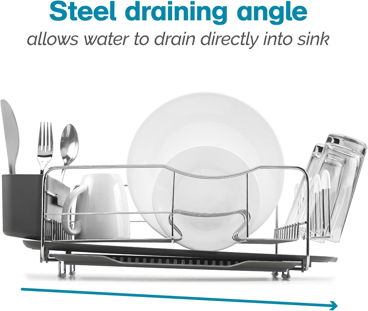 Polder KTH-615 Dish Rack, 4 PC Combo– Advantage System Includes Rack, Drain Tray, Removable Drying Tray & Cutlery Holder – Stainless Steel & Plastic