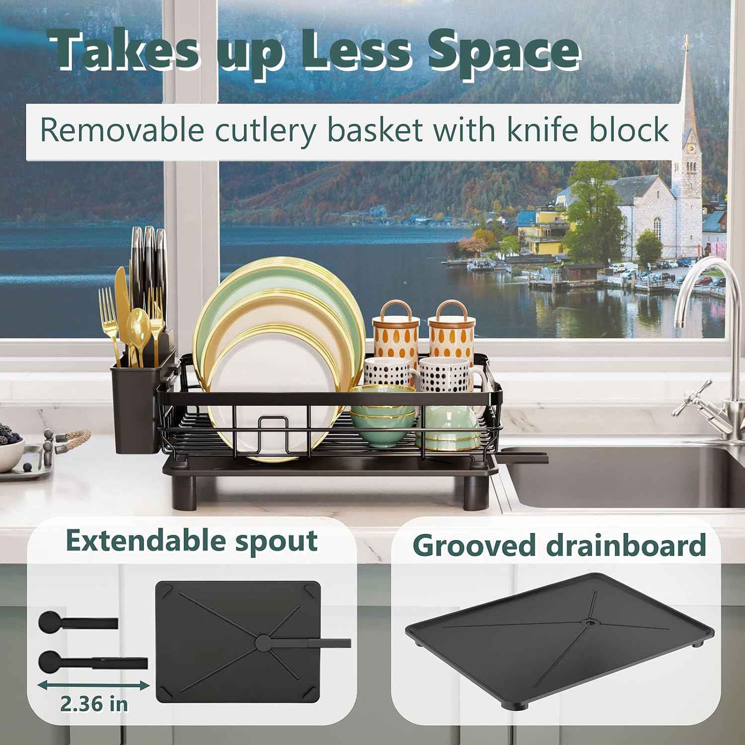 AIDERLY Iron Dish Drying Rack with Drainboard Dish Drainers for Kitchen Counter Extendable Spout Strainers with Utensil Holder and Knife Slots, Black