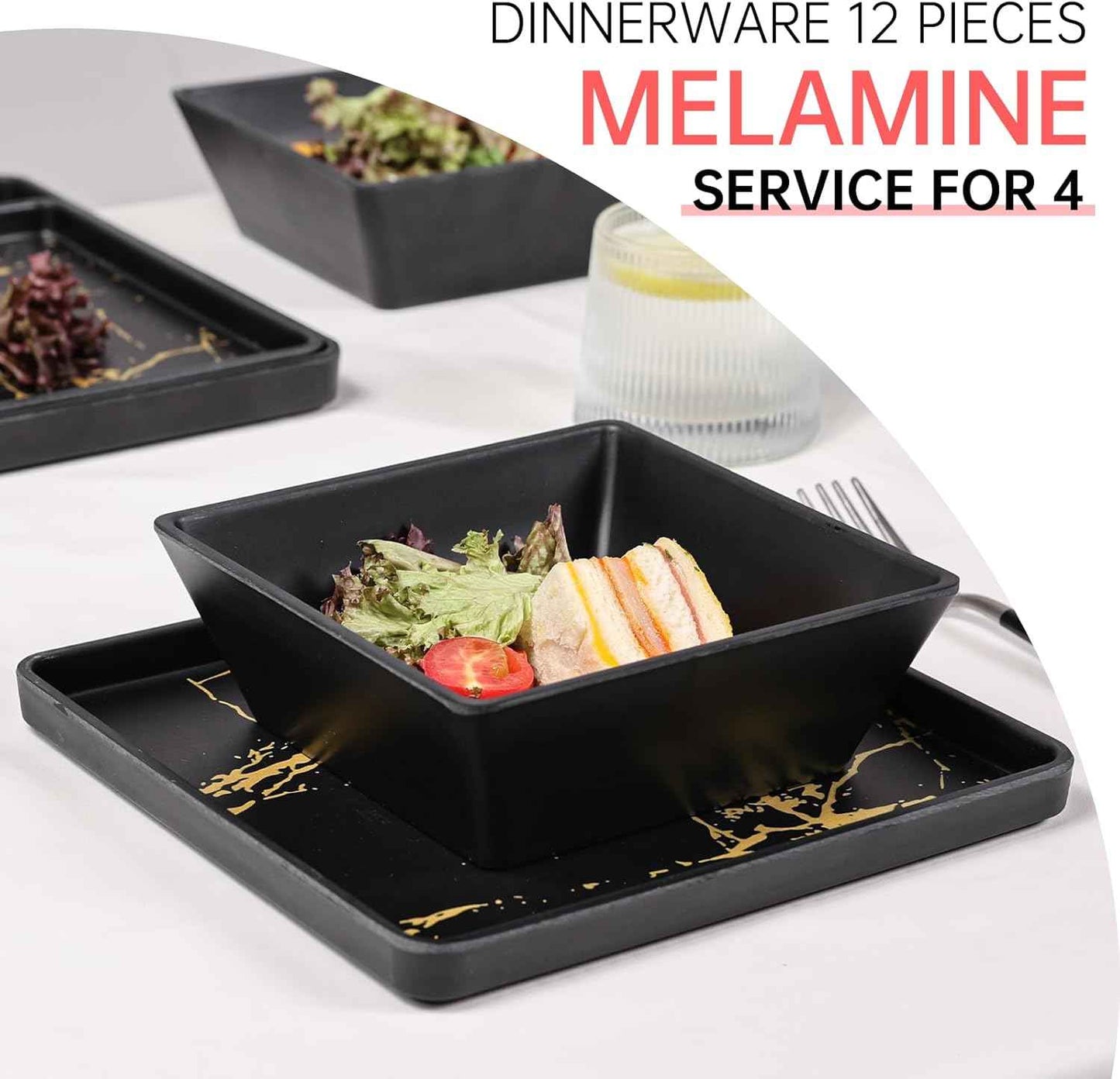Melamine Dinnerware Sets - 12pcs Square Plates and Bowls Sets For 4, Indoor Outdoor Use, Dishwasher Safe, Black & Gold
