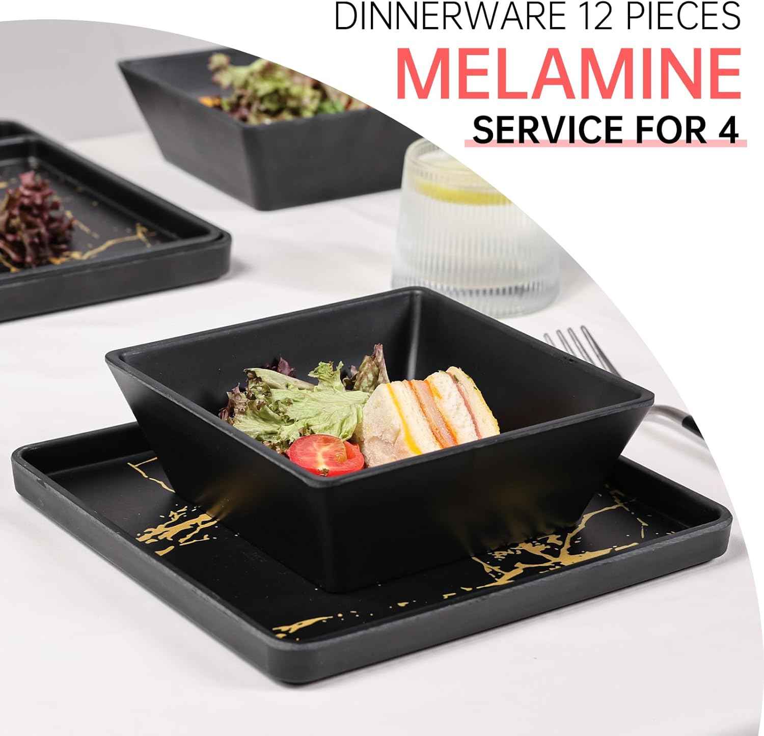 Melamine Dinnerware Sets - 12pcs Square Plates and Bowls Sets For 4, Indoor Outdoor Use, Dishwasher Safe, Black & Gold
