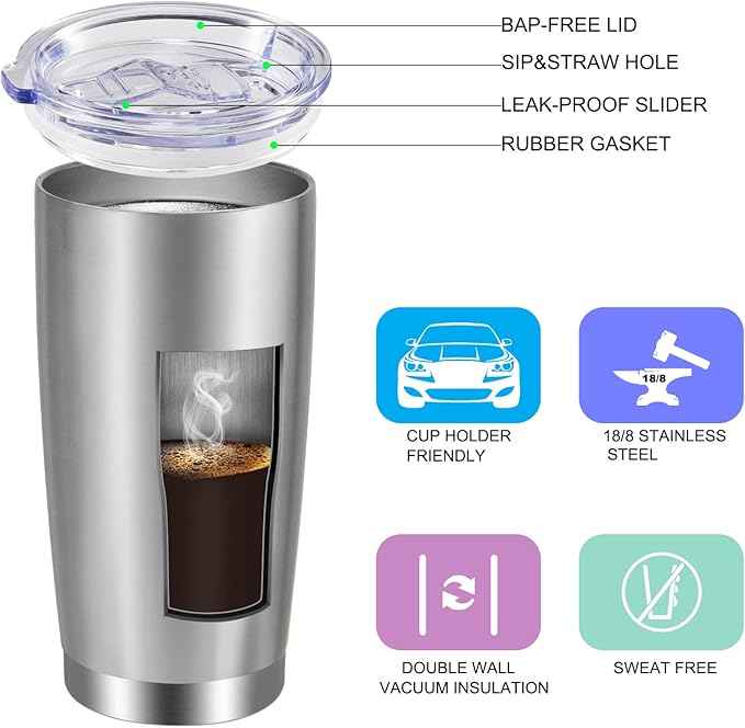VEGOND 20oz Tumbler with Lid and Straw Stainless Steel Tumbler Cup Bulk Vacuum Insulated Double Wall Travel Coffee Mug Powder Coated Coffee Cup, Stainless, 6 Pack