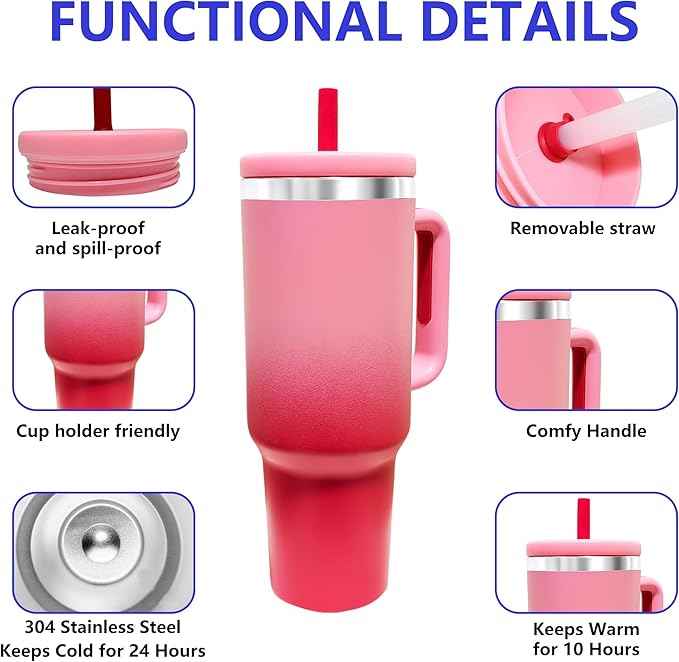 40-OZ Insulated Water Bottle,Insulated Stainless Steel Tumbler,Reusable Cold Drink Thermos,BPA-Free, Double-Wall Stainless Steel Water Bottle (Pink Gradient, 40, Fluid Ounces)
