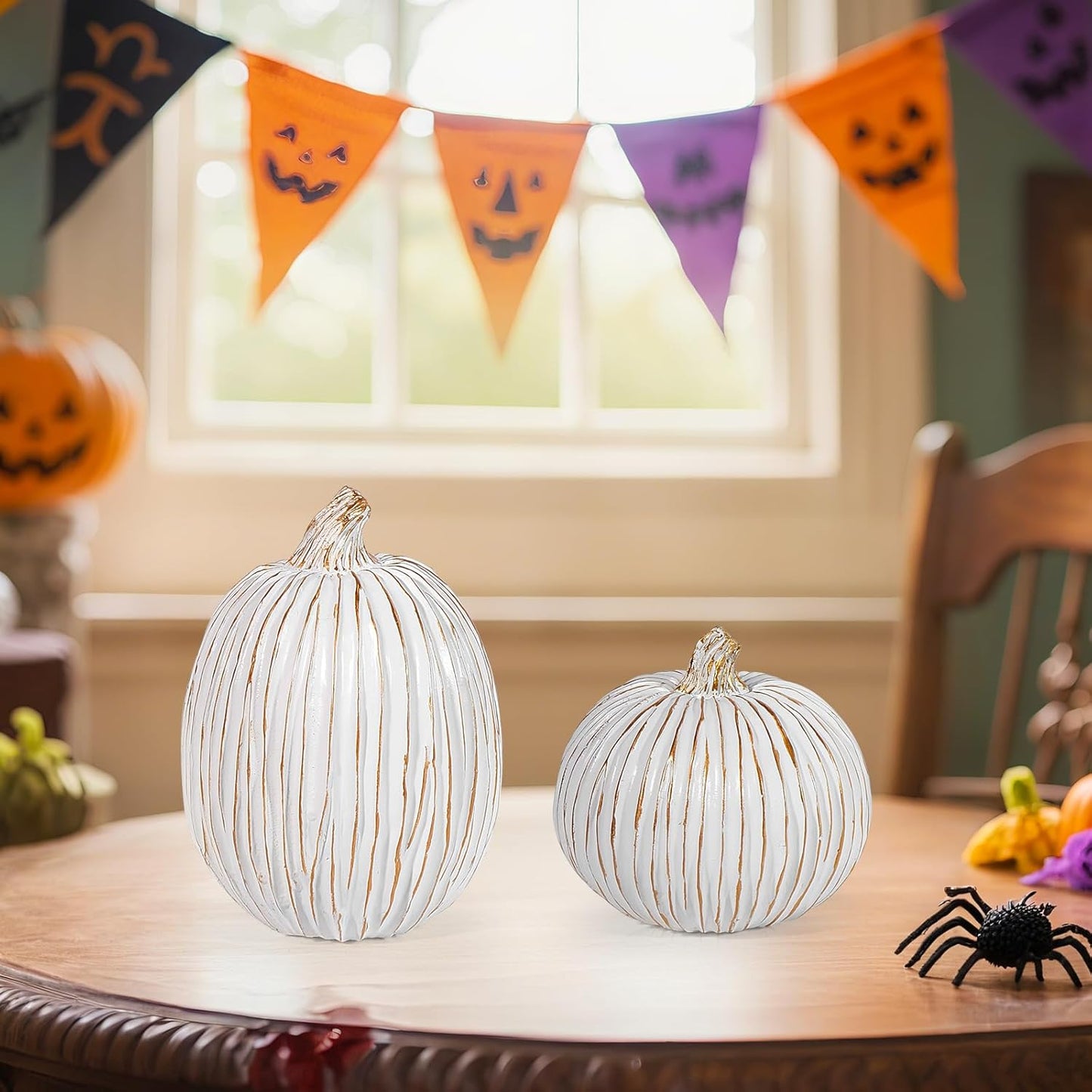 2Pcs Halloween Pumpkin Artificial Resin Pumpkins Decor for Mantel Harvest Autumn Tabletop Decoration Gold Fall Pumpkin Decorations Thanksgiving Table Centerpieces (Set B, ONE Size)