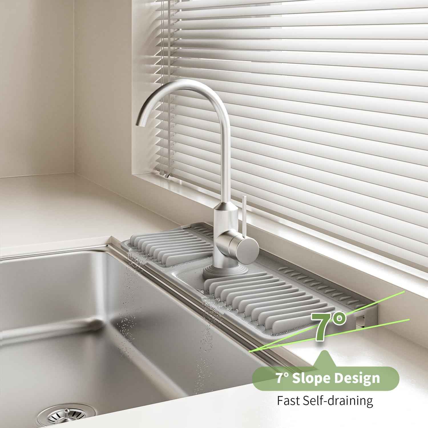 Faucet Mat for Kitchen Sink, 2025 New Silicone Sink Splash Guard, 7°Slope Fast Self-draining, Fast Drying Tidy Faucet Mat Splash Guard