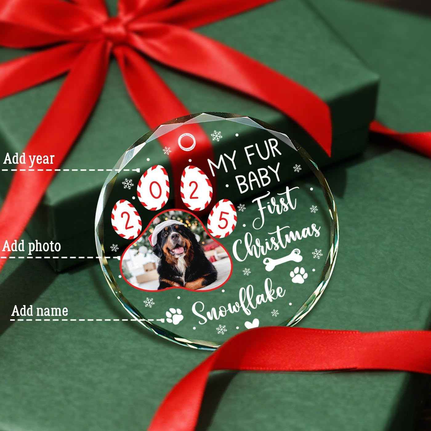 2026 My Fur Baby's First Christmas Photo Ornament, Personalized Add Picture Puppy's 1St Xmas Glass Ornament Gifts for Dog Mom Dad Family, Custom Name/Photo Dog Cat Pawprint 1St Christmas Ornaments
