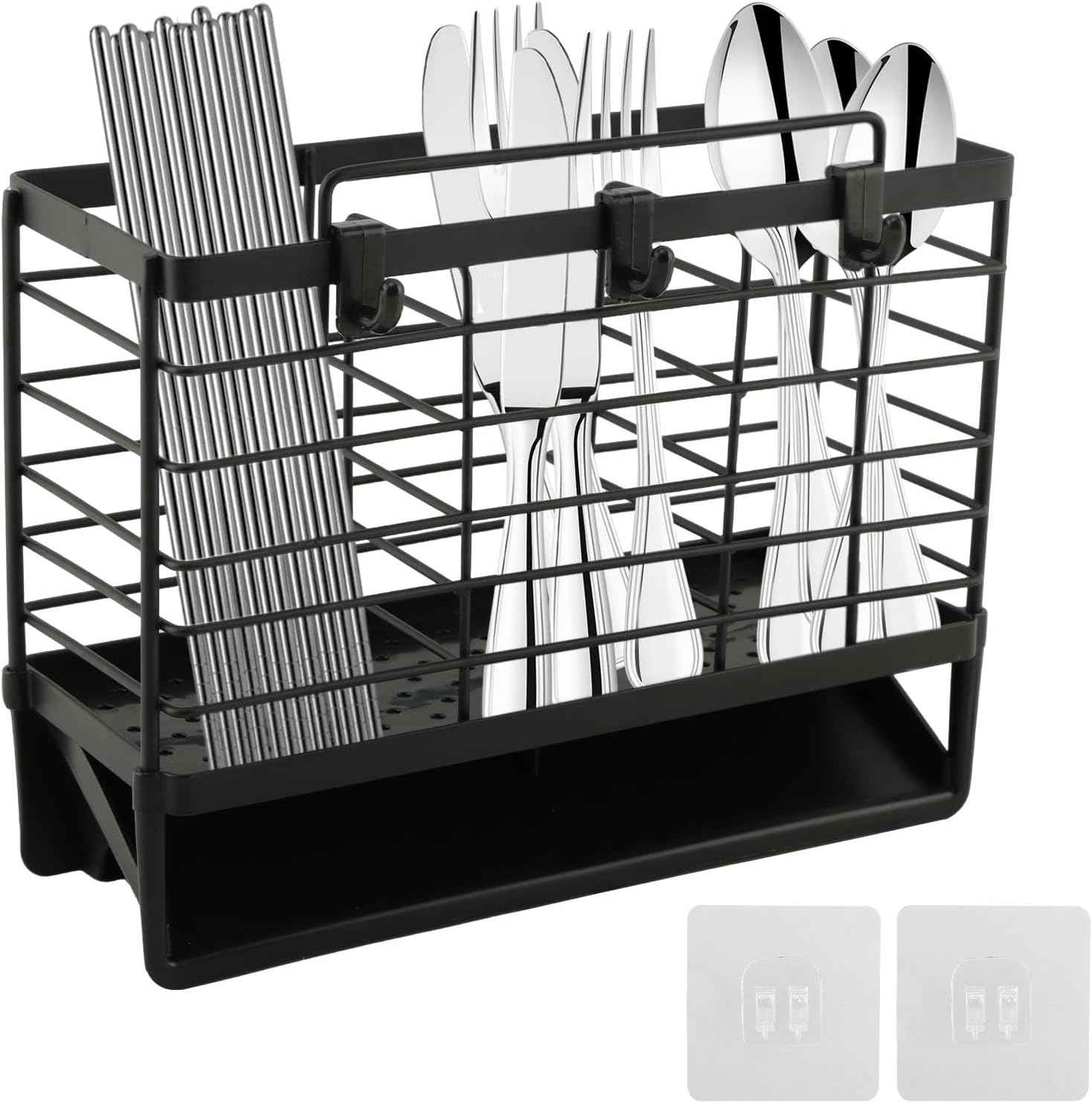 3-Compartment Dish Drying Rack for Kitchen, Carbon Steel Utensil Holder with Drain Tray, Utensil Caddy Organizer for Knives, Forks, Spoons, Chopsticks, Wall Mount or Countertop(COLOR:Black)