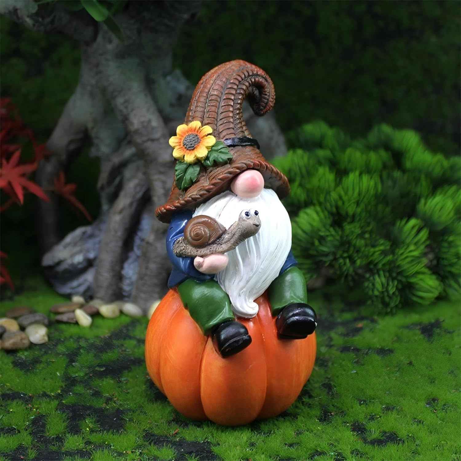 Garden Gnome Statue with Snail, Fall Pumpkin Decoration, 5.9 inch Height Gnome Figurine, Cute Thanksgiving Gifts, Outdoor Indoor Autumn Decor