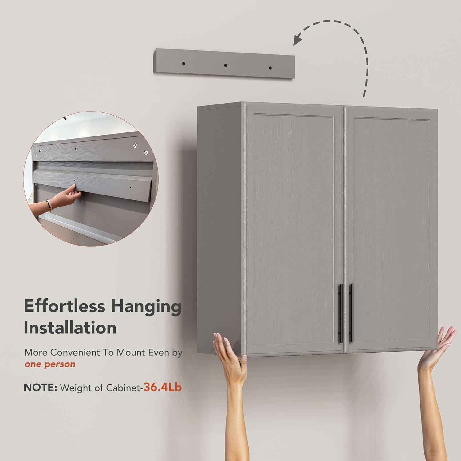 FIMELLO 59" Wall Cabinets for Laundry Room with Adjustable Shelf, Laundry Room Cabinets Wall Mounted, White Wall Cabinet with Shaker Doors, Kitchen Wall Cabinet, Hanging Cabinets for Bathroom -Gray