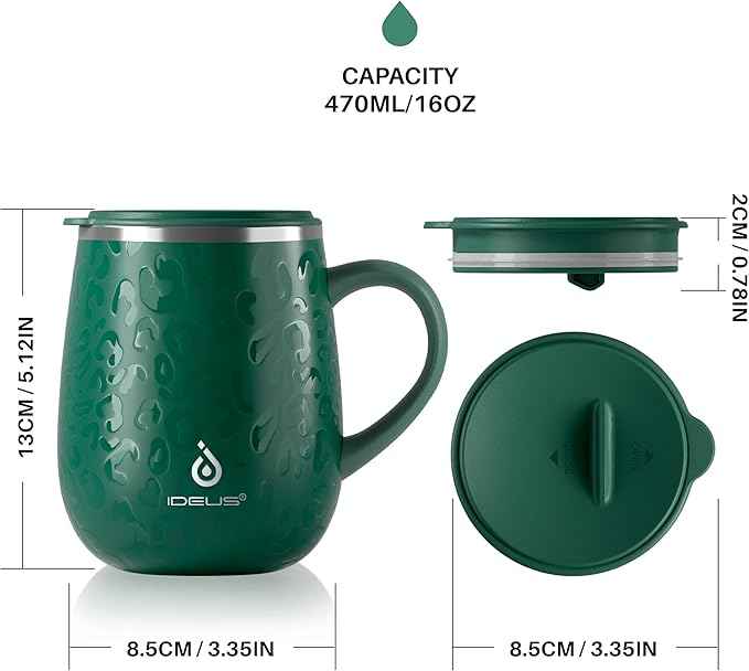 Ideus 16 oz (470 ml) Insulated Coffee Mug with Handle and Lid, Double Wall Stainless Steel Vacuum Thermal Coffee Mug, Travel Coffee Cup Thermal Cup for Home and Office, Leopard Green