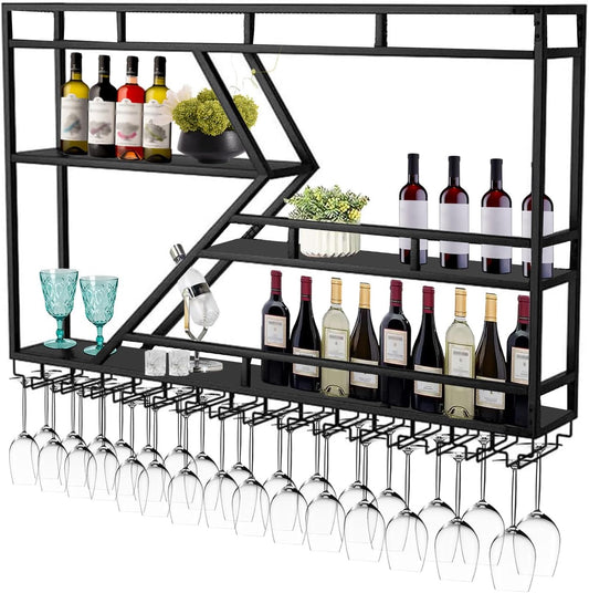 Wall Mounted Wine Rack with Glass Holder, 3-Tier Metal Storage Shelf, Black Diamond Design, Wine Bottle Display with Stemware Storage (Black, 47.24in/Right)