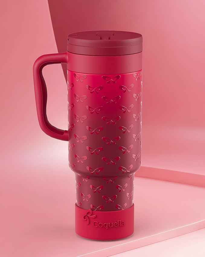40 oz Insulated Tumbler with Handle and Push-Button Straw Lid, Stainless Steel Travel Cup for Gym Office, Leakproof, BPA-Free, Cup Holder Friendly, Bow Silicone Boot, Red (Coquette Cherry)
