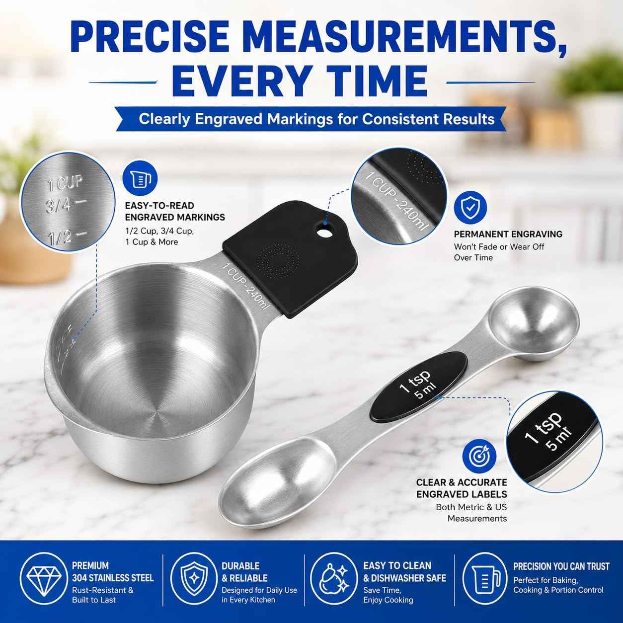 Magnetic Measuring Cups & Spoons Set, Strong N45 Magnets, Heavy Duty Stainless Steel Fits in Spice Jars for Baking & Cooking, BPA Free, Round Set of 15 with Leveler,Dark Black