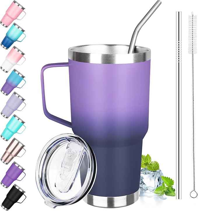 30 oz Stainless Steel Tumbler with Handle, Double Wall Vacuum Insulated Coffee Mug Tumbler with Lid and Straw, Thermal Cup for Cold and Hot (Purple Navy Blue)