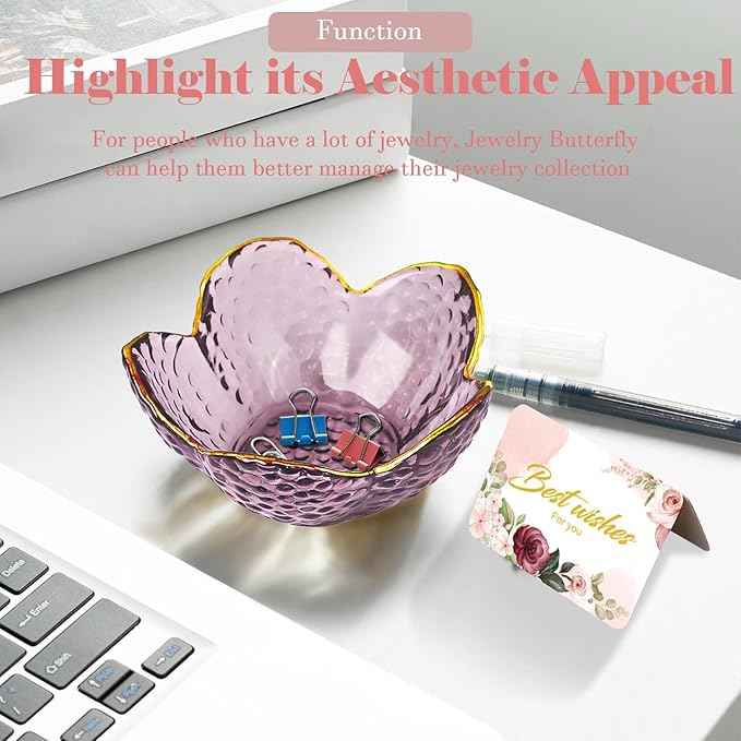 Purple Flower Jewelry Dish Glass Ring Holder Dish Jewelry Tray Cute Vanity Organizer Aesthetic Nightstand Bathroom Room Decor Trinket Dish Mothers Day Friendship Christmas Birthday Gifts for Women