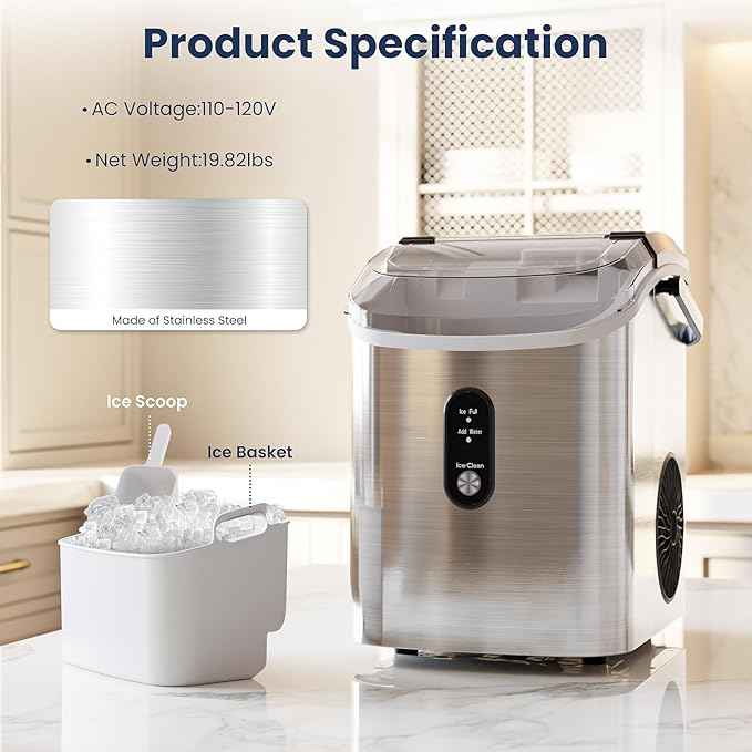 Antarctic Star Nugget Ice Makers Countertop with Handle, 35lbs/Day, Portable Sonic Ice Machine with Auto-Cleaning, Basket and Scoop for Home/Kitchen/Office/Camping(Stainless Steel Silver)