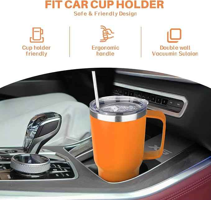 30 oz Tumbler with Handle, Stainless Steel Insulated Tumbler with Lid and Straw, Double Wall Vacuum Coffee Mug Tumbler, Insulated Coffee Thermal Cup for Cold and Hot (Orange)