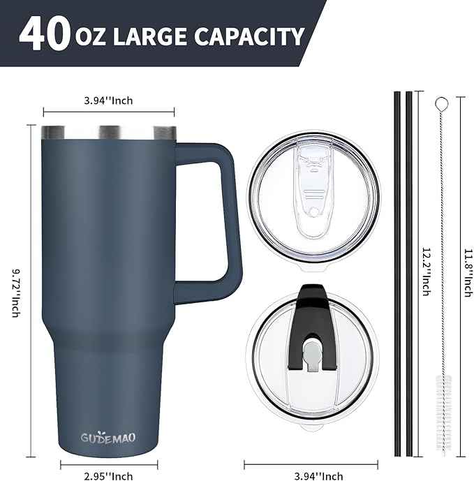 40 oz Tumbler with Handle, Insulated Tumbler with Lid and Straw, Reusable Stainless Steel Vacuum Insulated Cup, 100% Leak Proof Thermal Travel Coffee Mug Cup for Cold and Hot (Deep Blue)