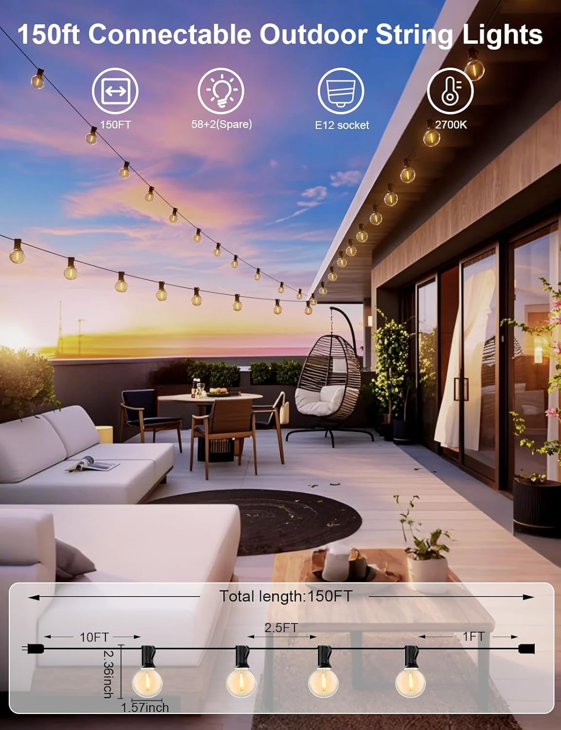 RTTY Outdoor String Lights 150 FT Globe LED Patio Lights with G40 Plastic Bulbs,Waterproof Shatterproof Dimmable Connectable Hanging for Backyard Porch Balcony Party Cafe Deck Decor