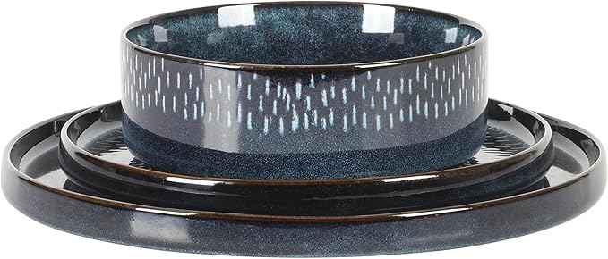 Gibson Elite 12 Piece Matisse Moderna Stoneware Reactive Glaze Plates and Bowls Dishes Dinnerware Set - Cobalt Blue
