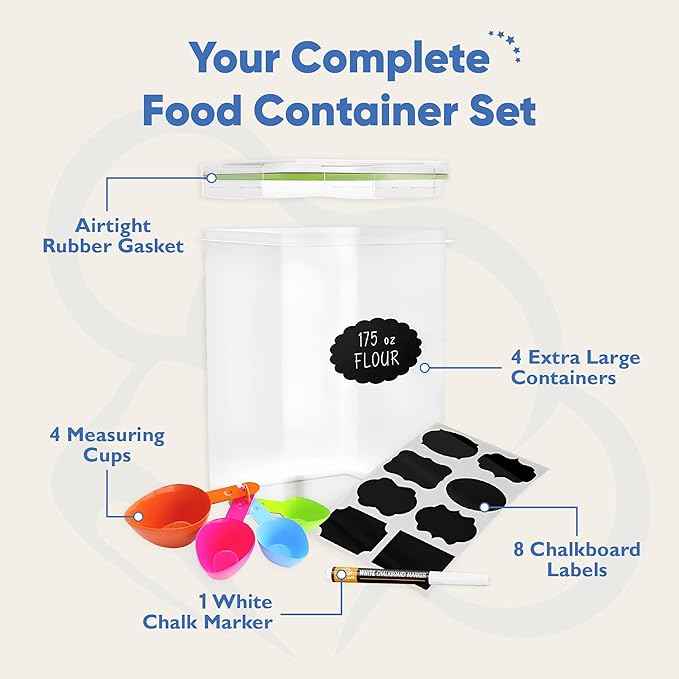 Chef's Path Kitchen Storage Box Set of 4 Extra Large Airtight Food Storage Jars for Sugar Flour Cereal Rice - Measuring Spoons, Pen and Food Preservation Labels (5.2 L)
