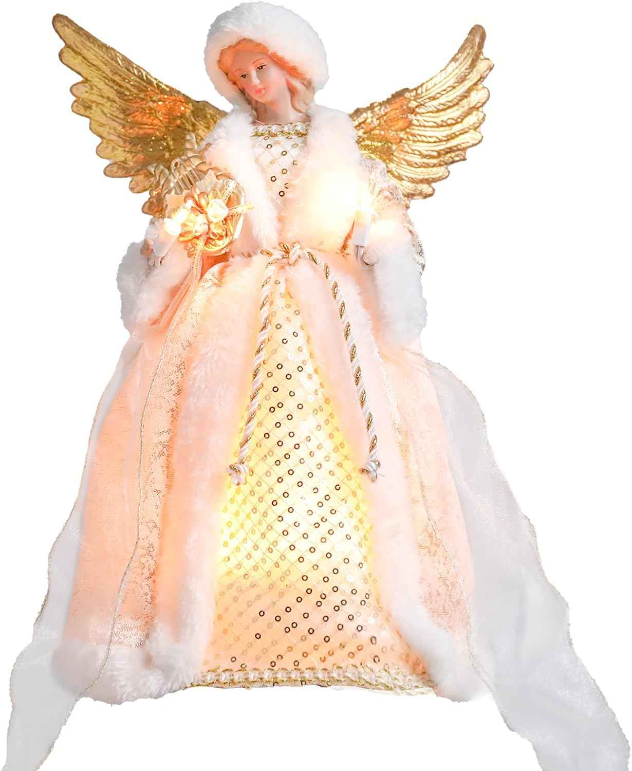 Angel Christmas Tree Topper with Lights, 12 Inch Lighted Angel Xmas Tree Toppers Decoration, Luxury White Fabric Angel Figurine Ornament for Christmas Tree Holiday Party Indoor Decor