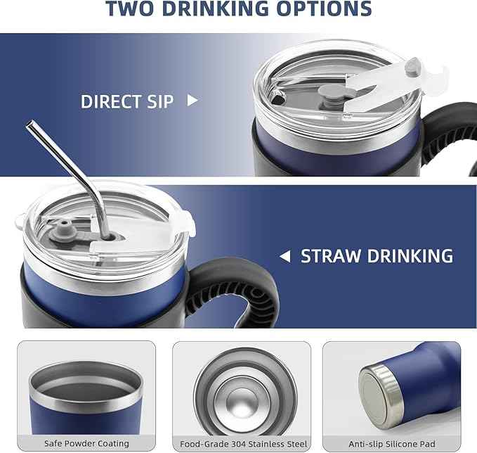 GGQ 30oz Insulated Tumbler with Handle Food-Grade 304 Stainless Steel with Lid,Straw and Cleaning Brush,Double Wall Cup for Hot & Cold Beverages,Leak-Proof Sweat-Proof Travel Coffee Cup (White)