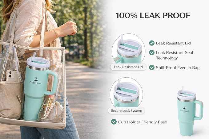 40oz Stainless Steel Vacuum Insulated Tumbler with Handle and Straw, Large Capacity Insulated Cup (Light Green)