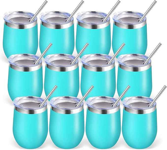 Volhoply 12oz Stainless Steel Wine Tumbler with Lid Bulk 12 Pack,Double Wall Vacuum Stemless Wine Glasses,Reusable Metal Travel Coffe Mug with Straw,Insulated Cups Gifts for Christmas（Green,12 Set）