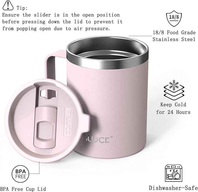 TILUCK 12 oz Insulated Coffee Mug with Lid, Double Wall Vacuum Insulated Travel Mug Cup with Handle for Hot or Cold Drinks（12oz，Matte LightPink）