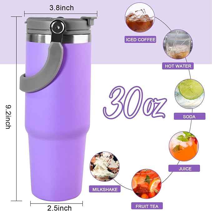 30 oz Tumbler with Handle and Straw Lid, Double Walled Vacuum Insulated Water Bottle Leakproof Tumbler Travel Coffee Mug Thermal Cup, Cupholder Friendly for Office, Home, Sport, Purple