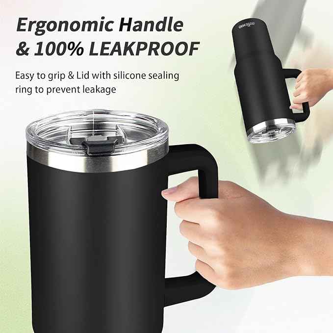 40 oz Tumbler with Handle, Insulated Tumbler with Lid and Straw, Reusable Stainless Steel Vacuum Insulated Cup, 100% Leak Proof Thermal Travel Coffee Mug Cup for Cold and Hot (Black)