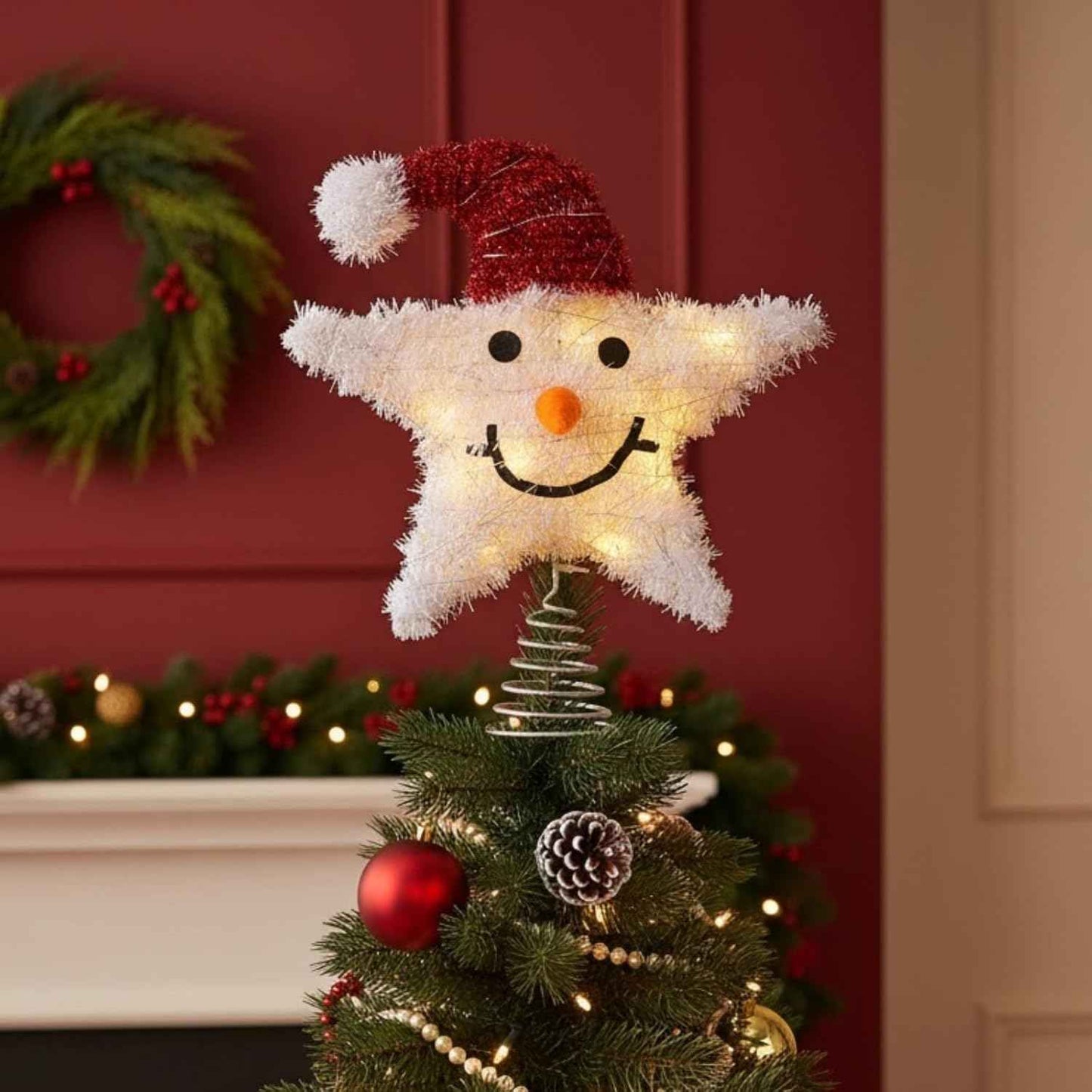 Christmas Tree Topper Snowman Star: Lighted Sparkling Snowman Xmas Tree Top with Led Lights Decoration for Holiday Parties Seasonal Celebrations (Without Battery)