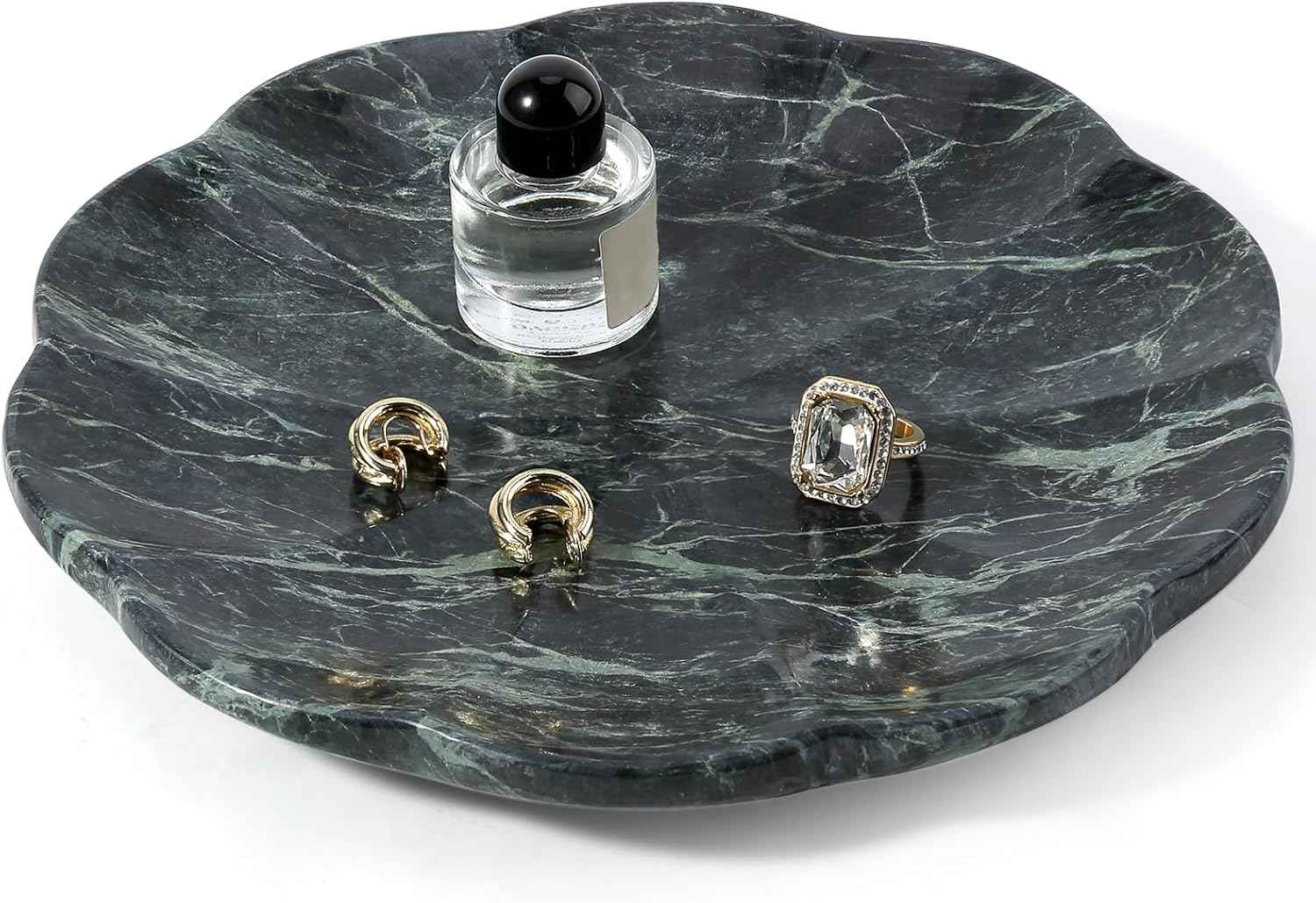 Koville Marble Tray, 8" Round Marble Vanity Tray for Jewelry Trinket Perfume, Natural Stone Tray for Bathroom Kitchen Dresser Countertop, Scalloped Decorative Tray for Home Table Decor(Green)