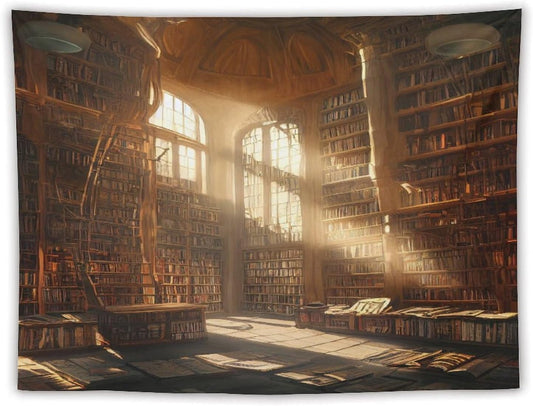 Kurtect Retro Bookshelf Tapestry,Medieval Mid Century Library Building Pattern Print Tapestries for Party Beach Picnic Blankets Tablecloths Living Room Wall Deocr, 60x80 in
