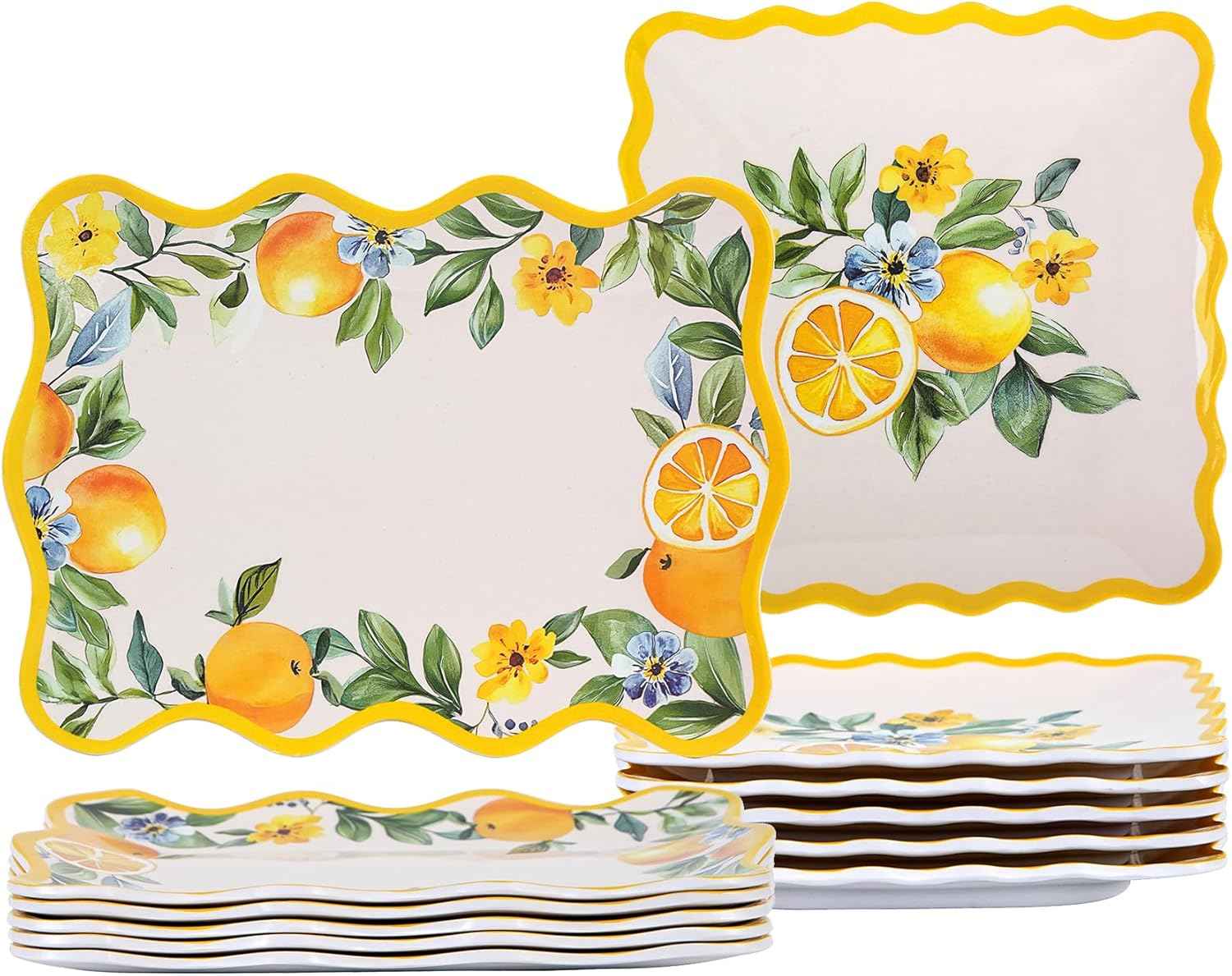 6.6 Inch Square Plates & 8.8 Inch Rectangle Plates, Melamine Dinnerware Set for RV, Camping, Outdoor, Lemon Design, 12 Pcs, Lightweight & Durable