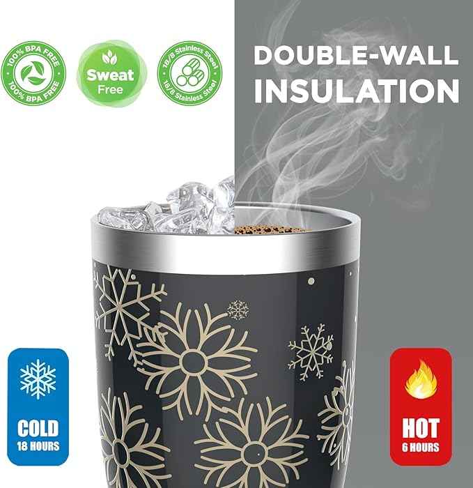 HAUSHOF 20oz Christmas Tumbler, Stainless Steel and Double Wall Insulated Travel Coffee Mug with Lid, Good Choice for Christsmas Gifts-Black with Snowflakes