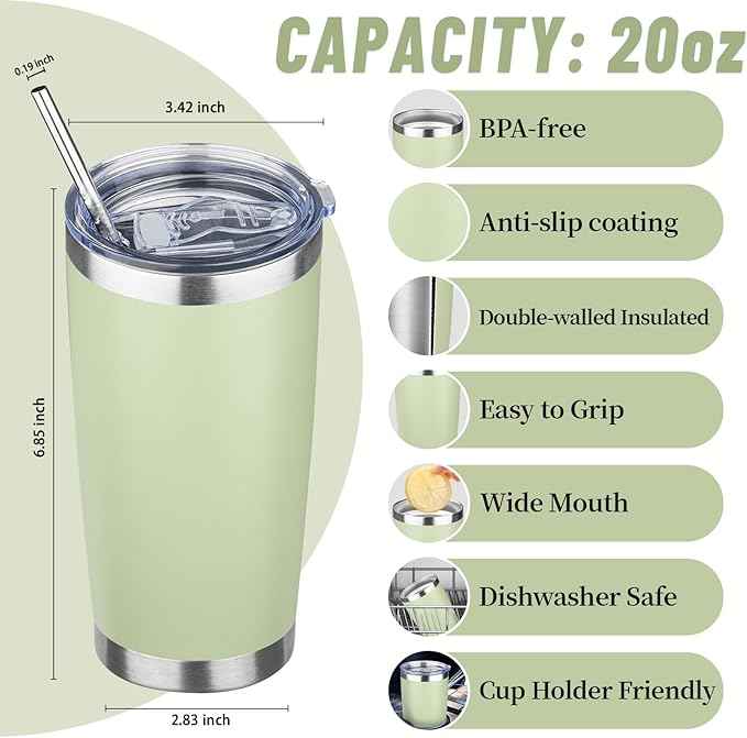 20 oz Tumbler with Lids and Straws, Stainless Steel Insulated Travel Coffee Mug, Double Wall Vacuum Insulated Tumblers, Powder Coated Coffee Tumbler for Cold & Hot Drinks (Green Tea)