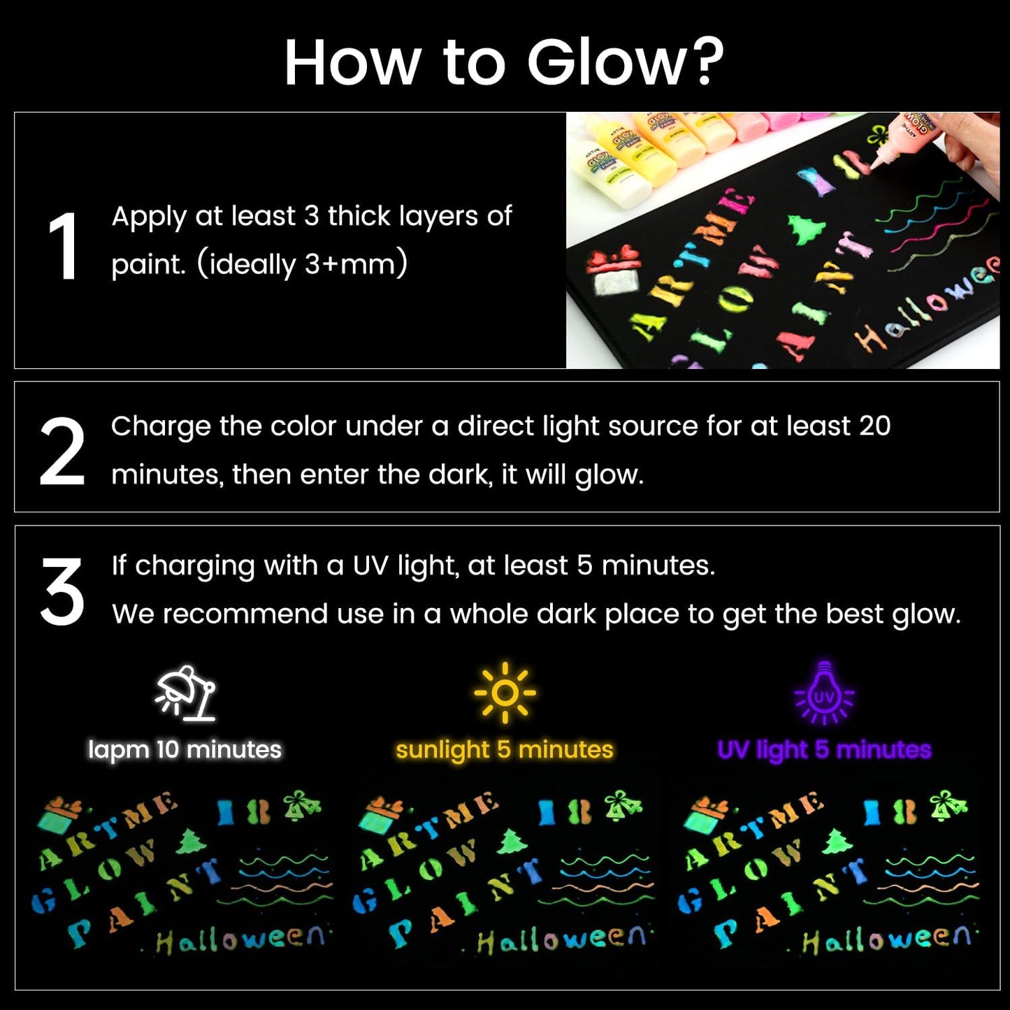 ARTME Glow in The Dark Paint, 18 Bright Colors 22ml/0.75oz Blacklight Paint Set, Neon Craft Paints, Glow Fluorescent Acrylic Paints Perfect for DIY projects, Halloween and Christmas Decorations