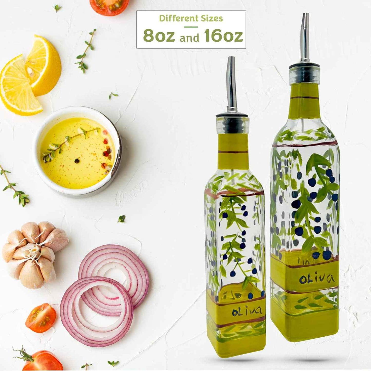 Hand Painted Glass Oliva Branch Oil/Vinegar Glass Cruet for Kitchen, 16 oz Olive Oil Dispenser With Stainless Steel Spout for Easy Pouring