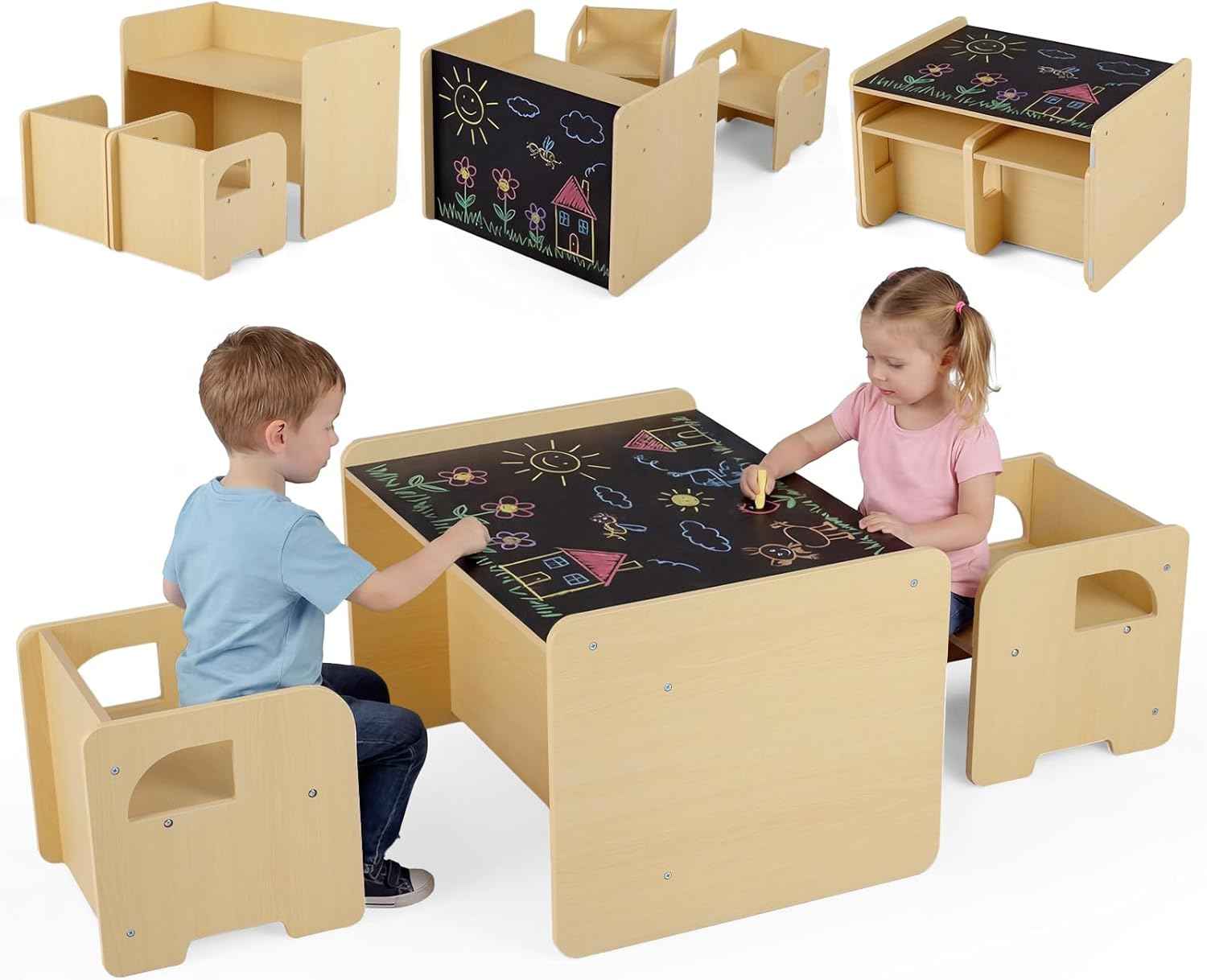 Olakids Montessori Weaning Table and Chair Set, Adjustable Height Kids Activity Desk with Blackboard 2 Chairs for Toddler Aged 1-3, Ideal for Step Stool Drawing Reading (Natural)