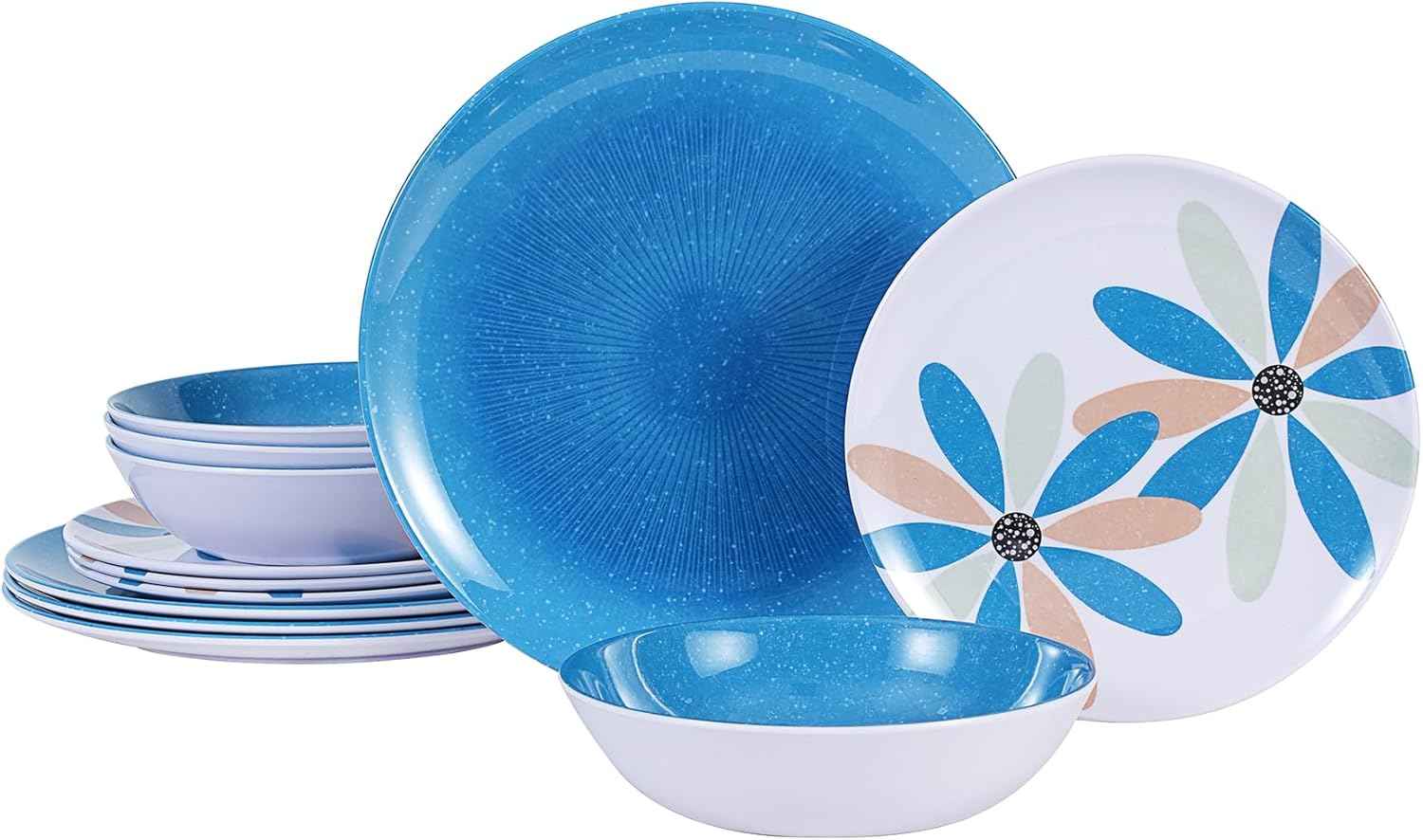 Outdoor Melamine Dinnerware Set 12 Pieces, Spring Party Blue Flowers Unbreakable Plates & Bowls, Dishwasher Safe Lightweight for Picnic Pool Party Camping