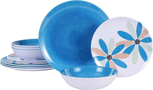 Outdoor Melamine Dinnerware Set 12 Pieces, Spring Party Blue Flowers Unbreakable Plates & Bowls, Dishwasher Safe Lightweight for Picnic Pool Party Camping