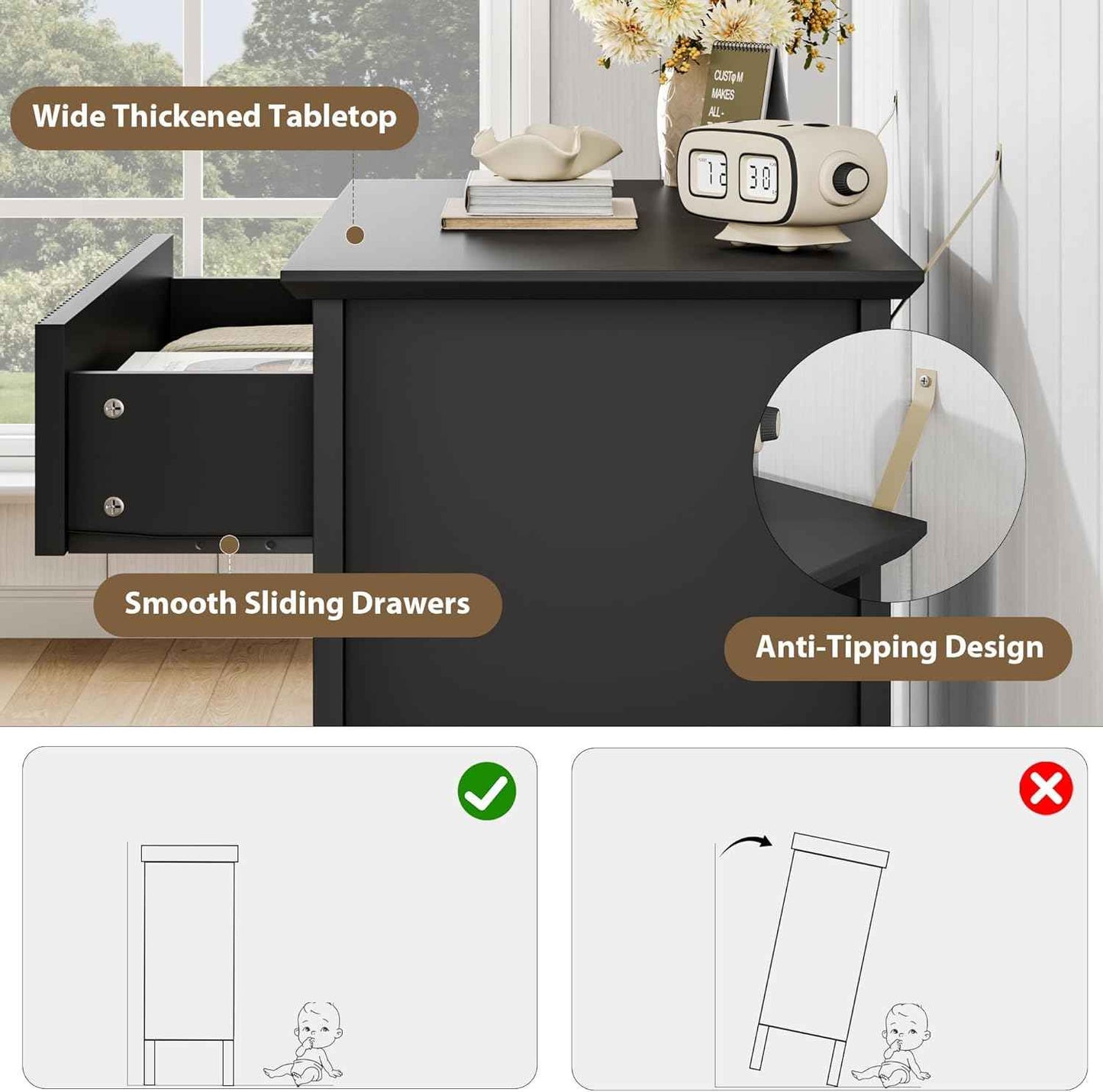 Fluted 3 Drawer Dresser, 31.5 in Wide Dresser Nightstand for Bedroom, Modern Wood Chest of Drawers, Large Painted Nightstand with 3 Drawers for Closet, Hallway, Entryway