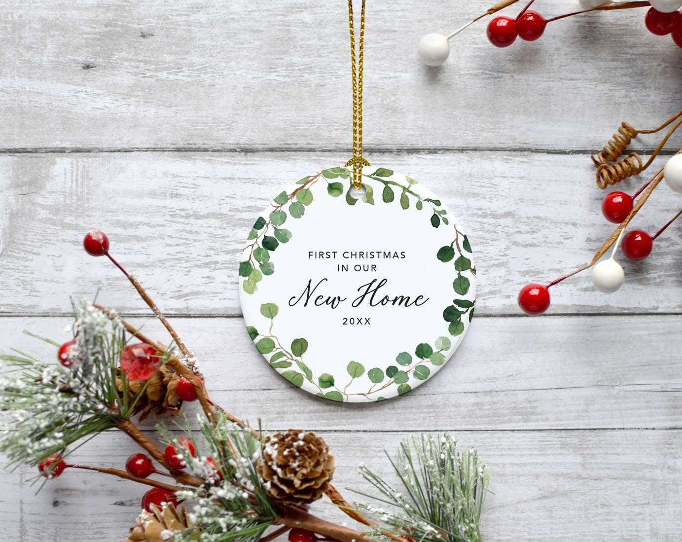 Andaz Press Custom Year Round Ceramic Porcelain Christmas Tree Ornament Keepsake Collectible Gift, First Christmas in Our New Home 2025, Woodland Wreath Deer, 1-PackHousewarming Gift Ideas